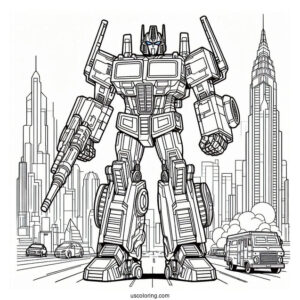 Simple Optimus Prime Coloring Page Outline With Ion Blaster In City