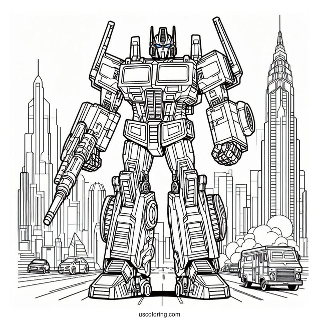 Simple Optimus Prime Coloring Page Outline With Ion Blaster In City