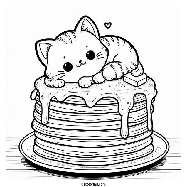 Cat Resting On Top Of Pancake Coloring Page Tower With Melting Butter For Preschoolers