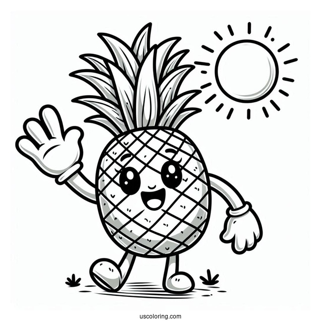 Waving Pineapple Coloring Page Character Smiling Under the Sun For Kids