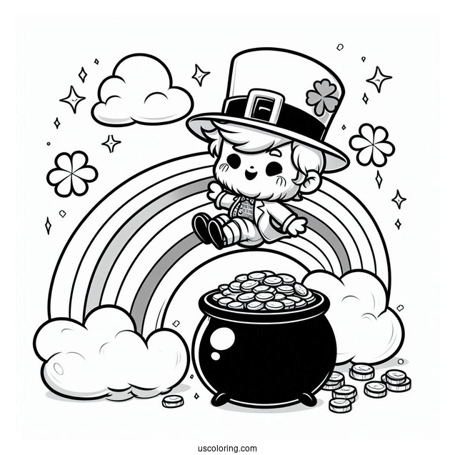 St. Patrick's Day Coloring Page Of Chibi Leprechaun Sliding Down A Rainbow To A Pot Of Gold