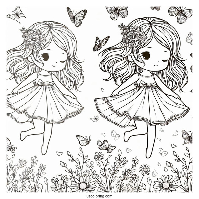 Little Girl Dancing With Butterflies To Color