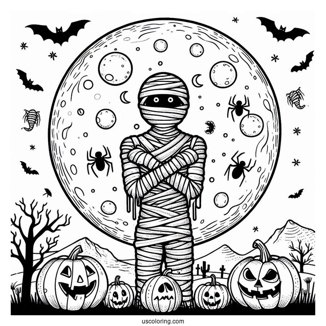 Halloween Mummy Coloring Page With Full Moon