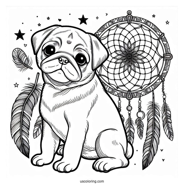 Pug Coloring Page Dreamcatcher with Feathers and Bones