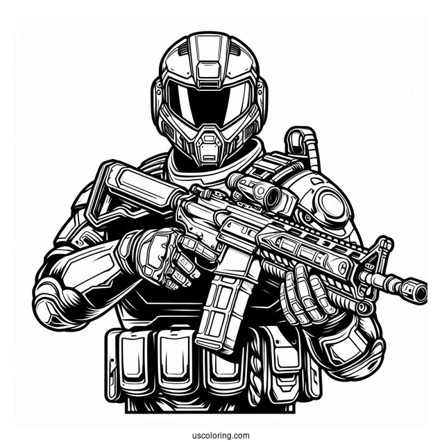 Detailed Futuristic Soldier Coloring Page Holding Weapon