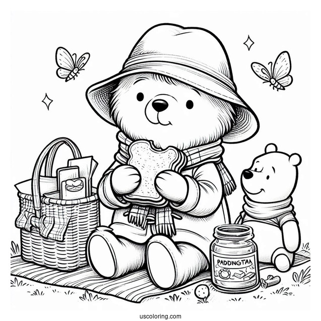Paddington Coloring Page Eating A Sandwich With Winnie The Pooh