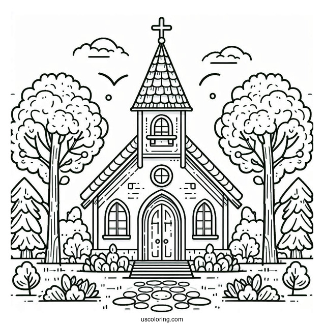Small Church Coloring Page Surrounded By Trees For Preschoolers
