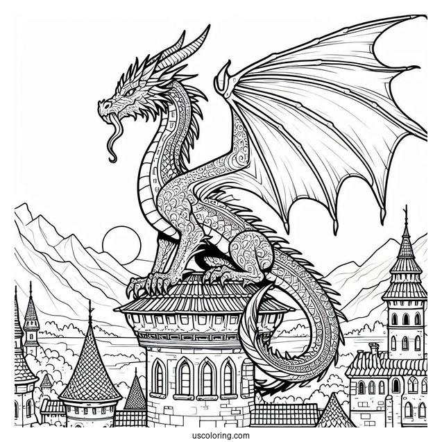 Dragon On Top Of Medieval Castle To Color