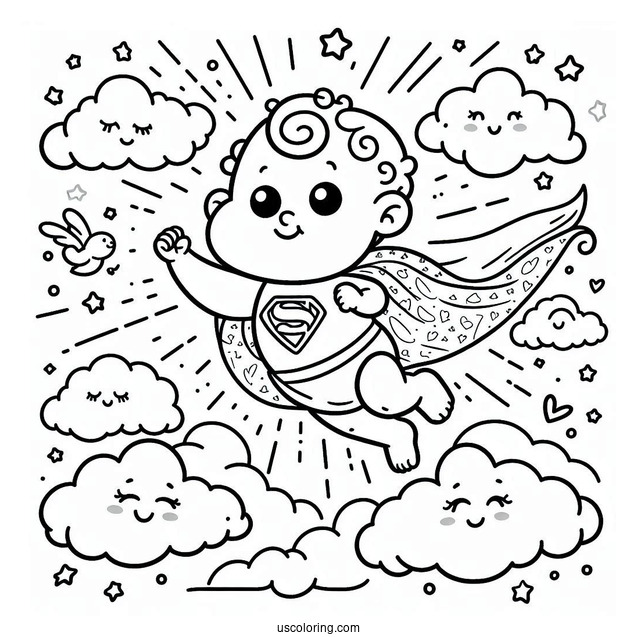Super Baby Coloring Page In The Clouds