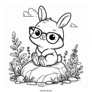 Nerdy Rabbit Coloring Page Sitting On A Rock For Kids