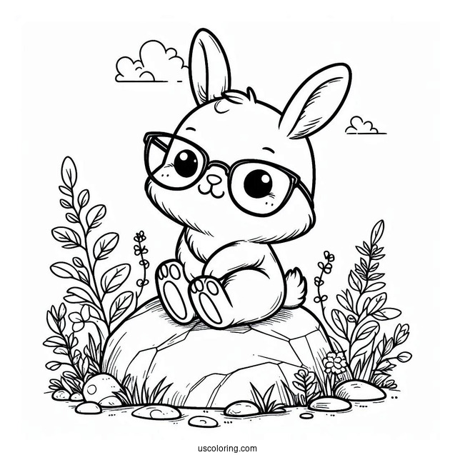 Nerdy Rabbit Coloring Page Sitting On A Rock For Kids