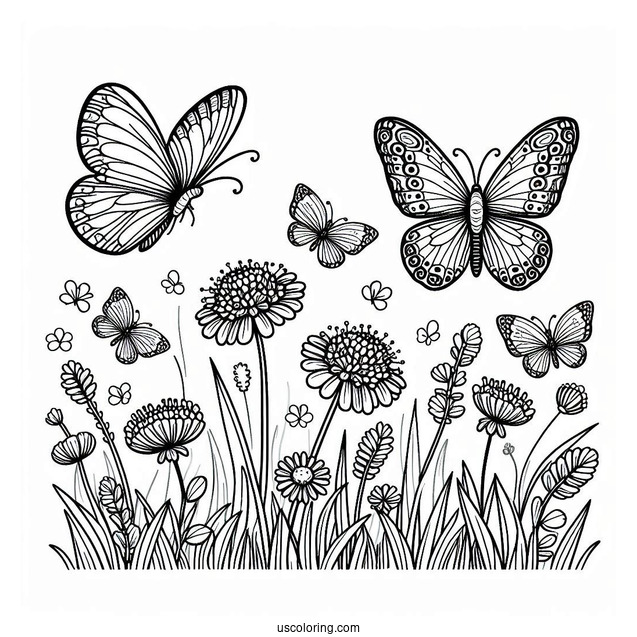Butterflies Among Wildflowers And Grass