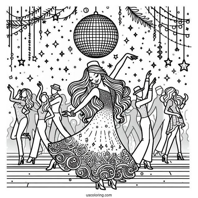 New Year Coloring Page Of Party With Disco Ball Over The Dancers