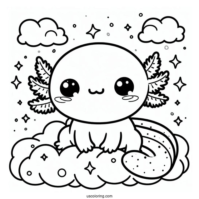 Kawaii Baby Axolotl Coloring Page In The Clouds For Kids