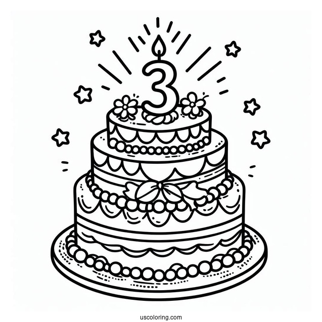 Third Birthday Cake Coloring Page For Preschoolers