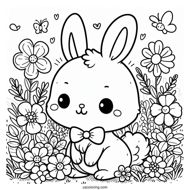 Pretty Little Easter Bunny Coloring Page In Flower Field For Kids