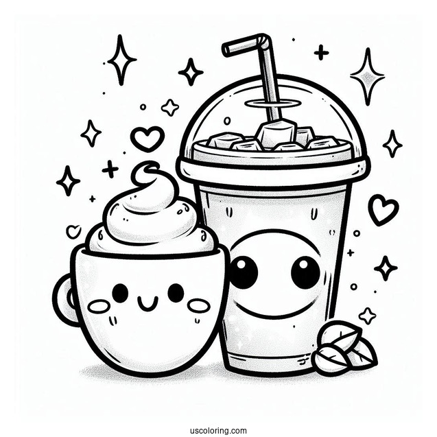 Cute Coffee Coloring Pages Of Cup Next To Cup Of Iced Beverage