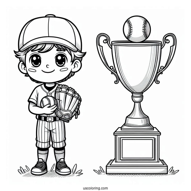 Young Baseball Coloring Page Of Champion Holding Trophy For Kids