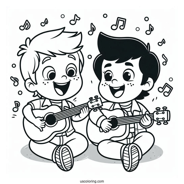 Sing Coloring Page Of Johnny And Ash Playing Music For Preschoolers