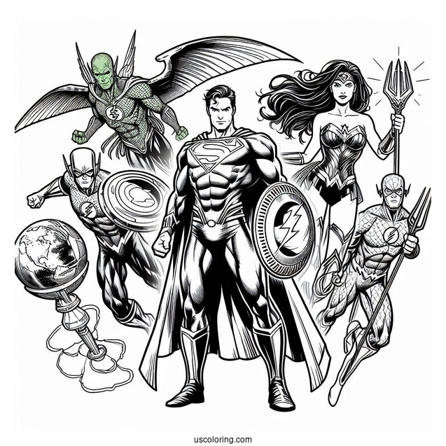Justice League Coloring Page Of Martian Manhunter, Superman, Green Lantern, Wonder Woman, Batman, Aquaman, And The Flash