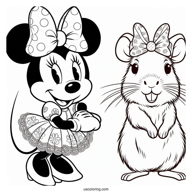 Minnie Mouse With A Capybara Coloring Page Wearing Matching Bows