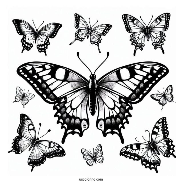 Swallowtail Butterfly With Other Butterflies To Color