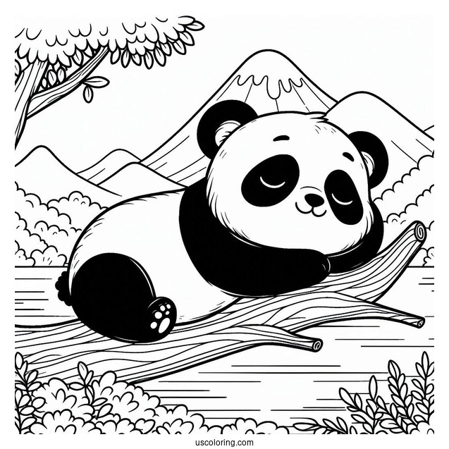 Peaceful Panda Coloring Page Sleeping on a Tree Branch Overlooking a Lake