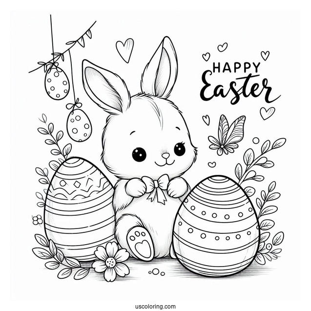 Happy Easter Greeting With Easter Bunny Coloring Page And Eggs