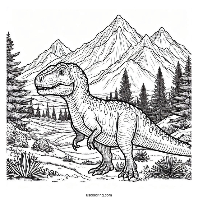Dinosaur Coloring Page Of Mapusaurus In Mountain Landscape