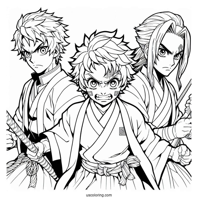 Tanjiro Coloring Page Fighting Alongside Zenitsu Agatsuma And Inosuke Hashibira