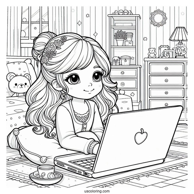 Little Girl Watching On Her Laptop While Lounging In Her Bedroom Coloring Page