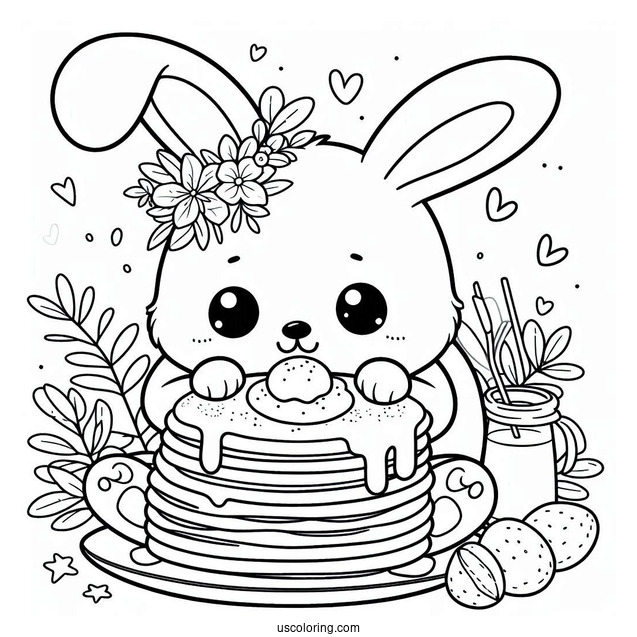 Simple Bunny Eating Fluffy Pancake Coloring Page For Preschoolers