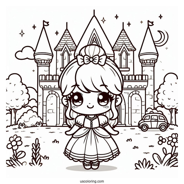 Kawaii Chibi Cinderella Outside Castle Coloring Page For Kids