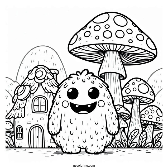 Grinning Monster Standing In Front Of Mushroom Coloring Page Of Houses