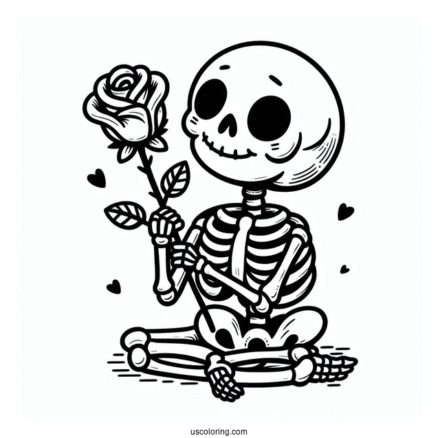 Happy Skeleton Coloring Page Holding Rose