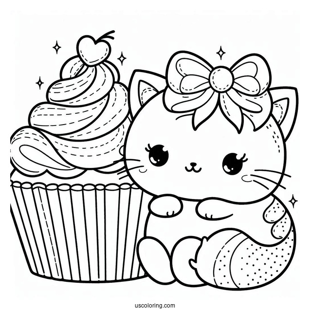 Cat Themed Cupcake To Color For Kids
