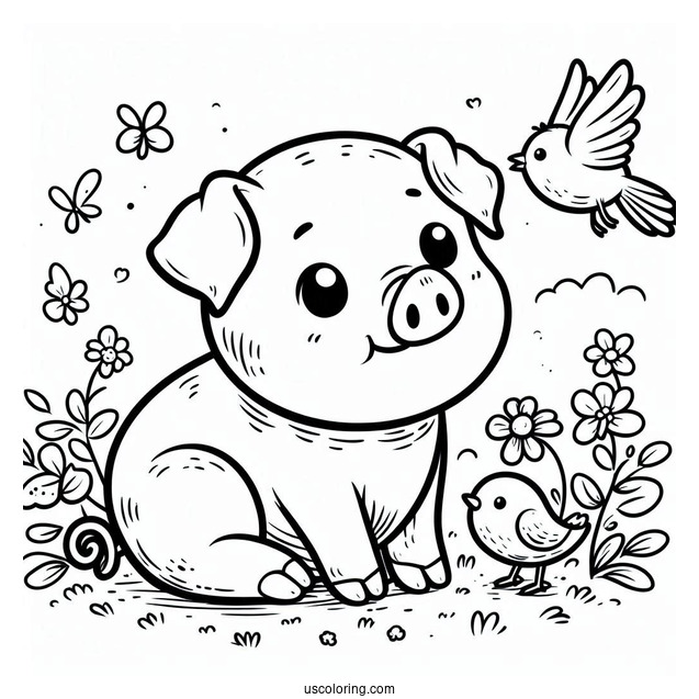 Cute Cartoon Pig With Bird