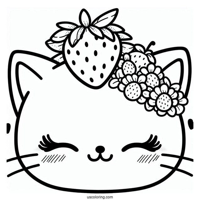 Cat Wearing A Strawberry Headdress Coloring Page