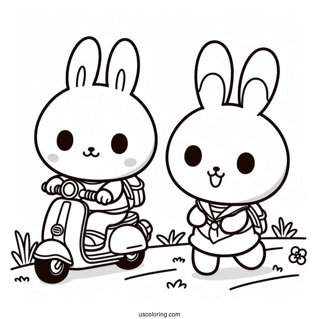 Pochacco Coloring Page And Friend Riding a Scooter On The Grass