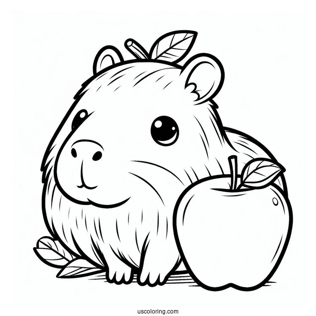 Easy Cute Capybara Coloring Page With An Apple On Its Head