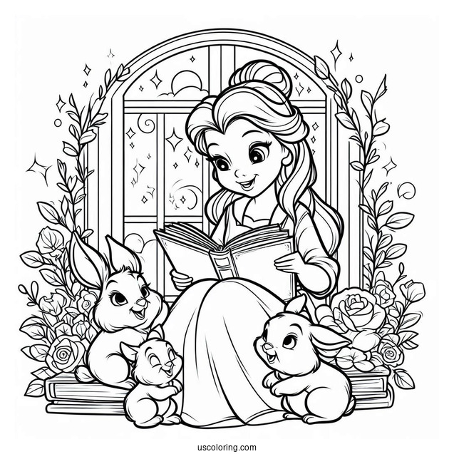 Coloring Page Of Belle Reading To Her Enchanted Friends
