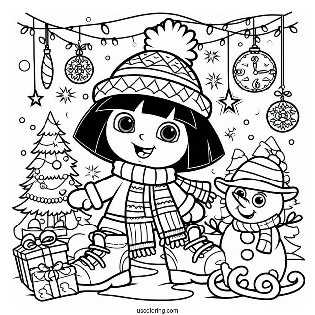 Christmas Themed Dora Coloring Page