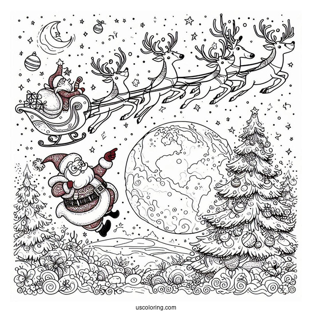 Santa And Reindeer Flying Around The World The Night Before Christmas