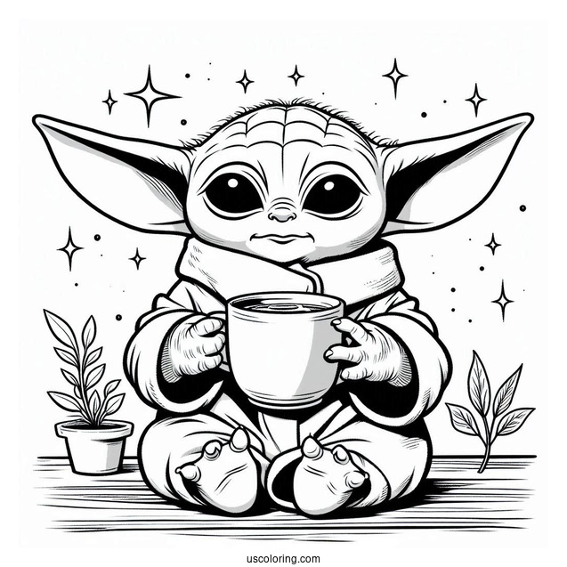 Baby Yoda Drinking Tea To Color