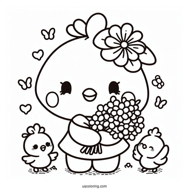 Easy Pochacco Coloring Page Holding Flower Bouquet With Choppy And Chicks