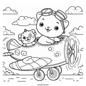 Smiling Critters Coloring Page On A Flying Car