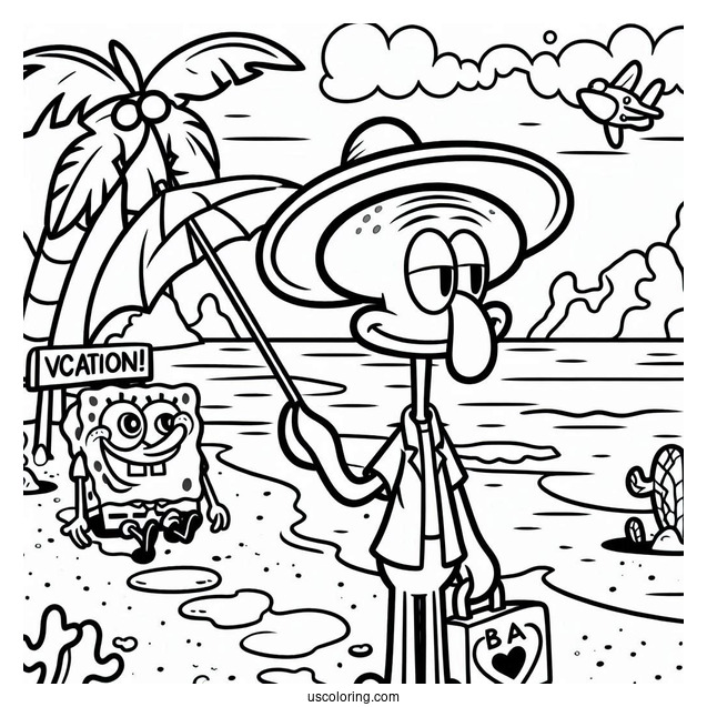 Simple Squidward Coloring Page Going On Vacation