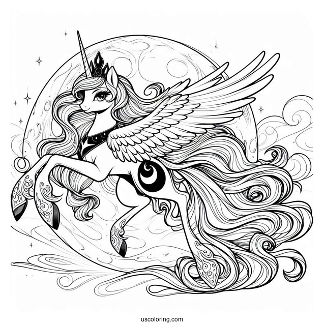 Princess Luna Coloring Page Flying In Front Of A Full Moon
