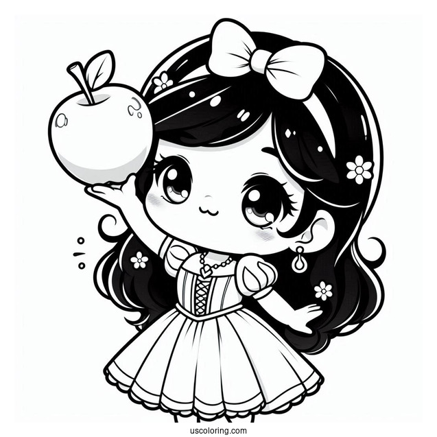Cute Chibi Snow White Coloring Pages Of Holding Up An Apple For Kids