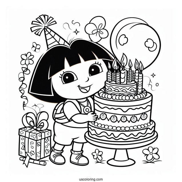 Dora Happy Birthday Coloring Page For Kids